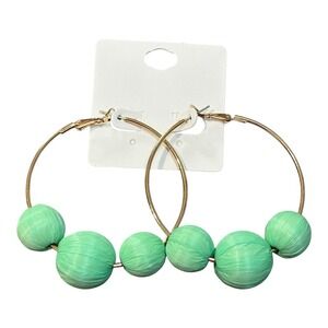 Boho Hoop Earrings Raffia Wrapped Ball Dangle Drop Earrings Green Teal Statement